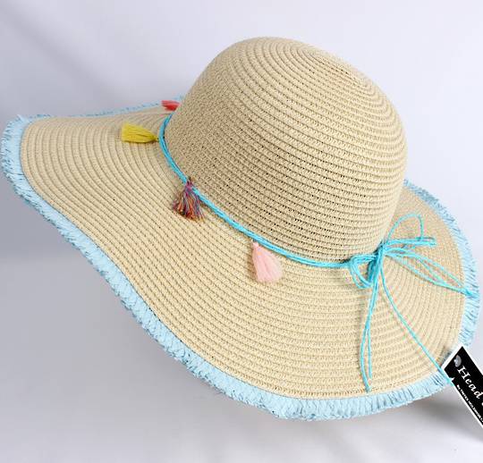 HEAD START  wide brim frayed edge braided sunhat w turquoise  band,tie and multi coloured tassels   Style: HS/4479BLU